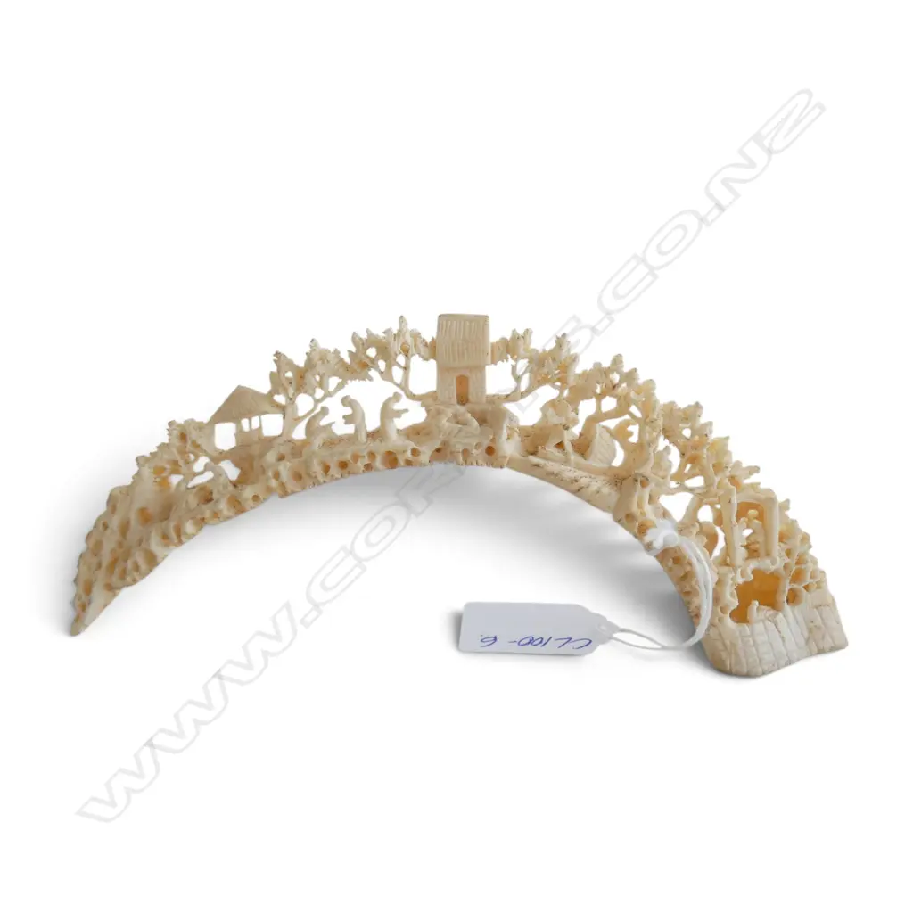 Finely carved vintage carved hippo tusk landscape bridge with figures. L.175mm. Image 1++