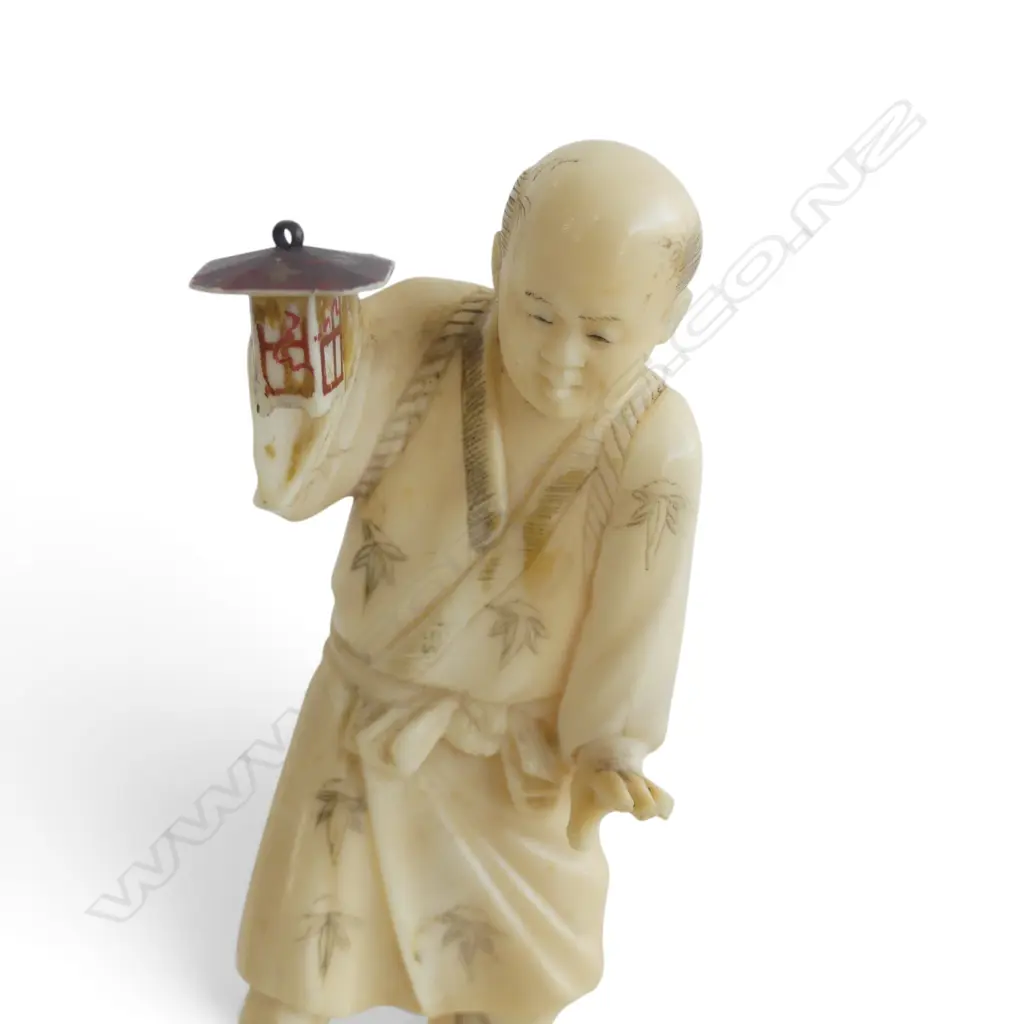 OLD JAPANESE CARVED IVORY FIGURE of an elderly gent walking with a lantern. Some faults. H.100mm Image 1++