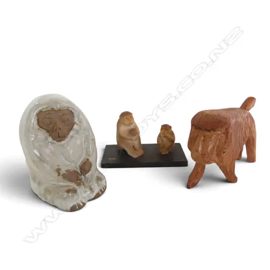 VINTAGE CERAMIC MONKEYS CERAMIC & WOOD, H.55-90mm
