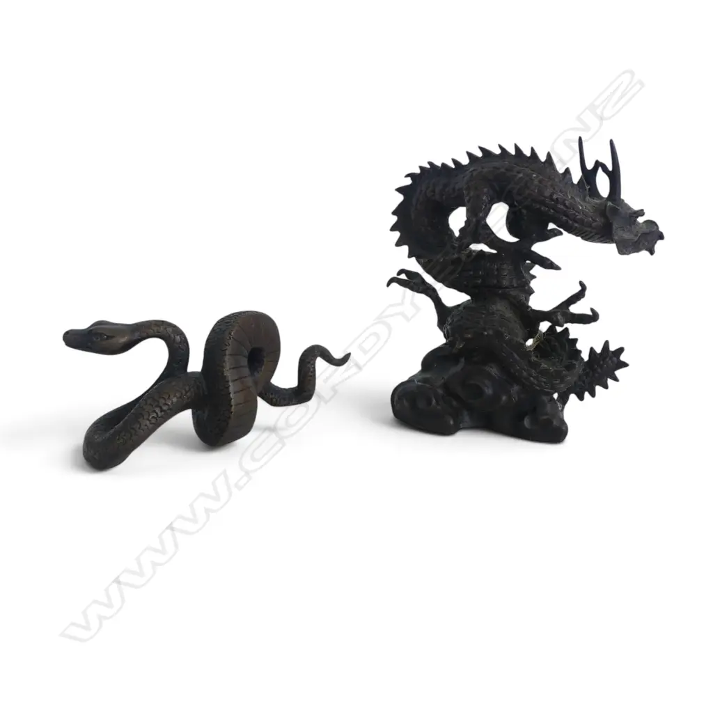 2 BRONZED ORNAMENTS; DRAGON & SNAKE H.105mm Image 1++
