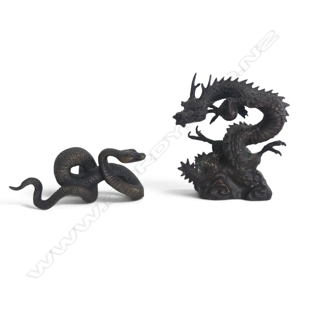 2 BRONZED ORNAMENTS; DRAGON & SNAKE H.105mm Image 1++