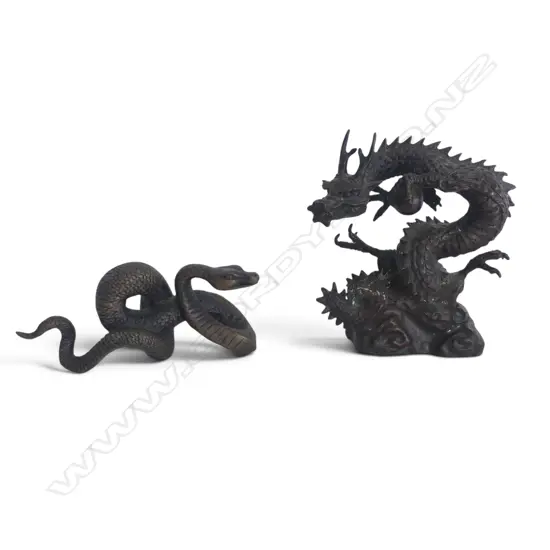 2 BRONZED ORNAMENTS; DRAGON & SNAKE H.105mm