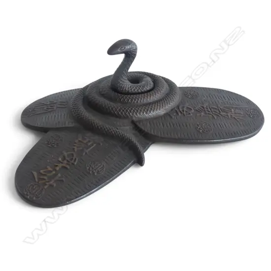 VINTAGE JAPANESE BRONZE SNAKE on a pile of Kobans, H.75 L.240mm