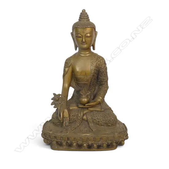 SINO-TIBETAN BRASS SCULPTURE OF BUDDHA HOLDING A HEALING NECTAR VASE AND MYROBALAN PLANT BRANCH. 300 X230MM