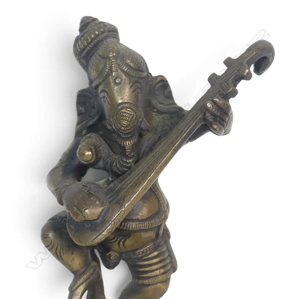 HEAVY INDIAN BRONZE FIGURINE OF GANESHA DANCING WHILE PLAYING THE VEENA, 140 X 50MM Image 1++