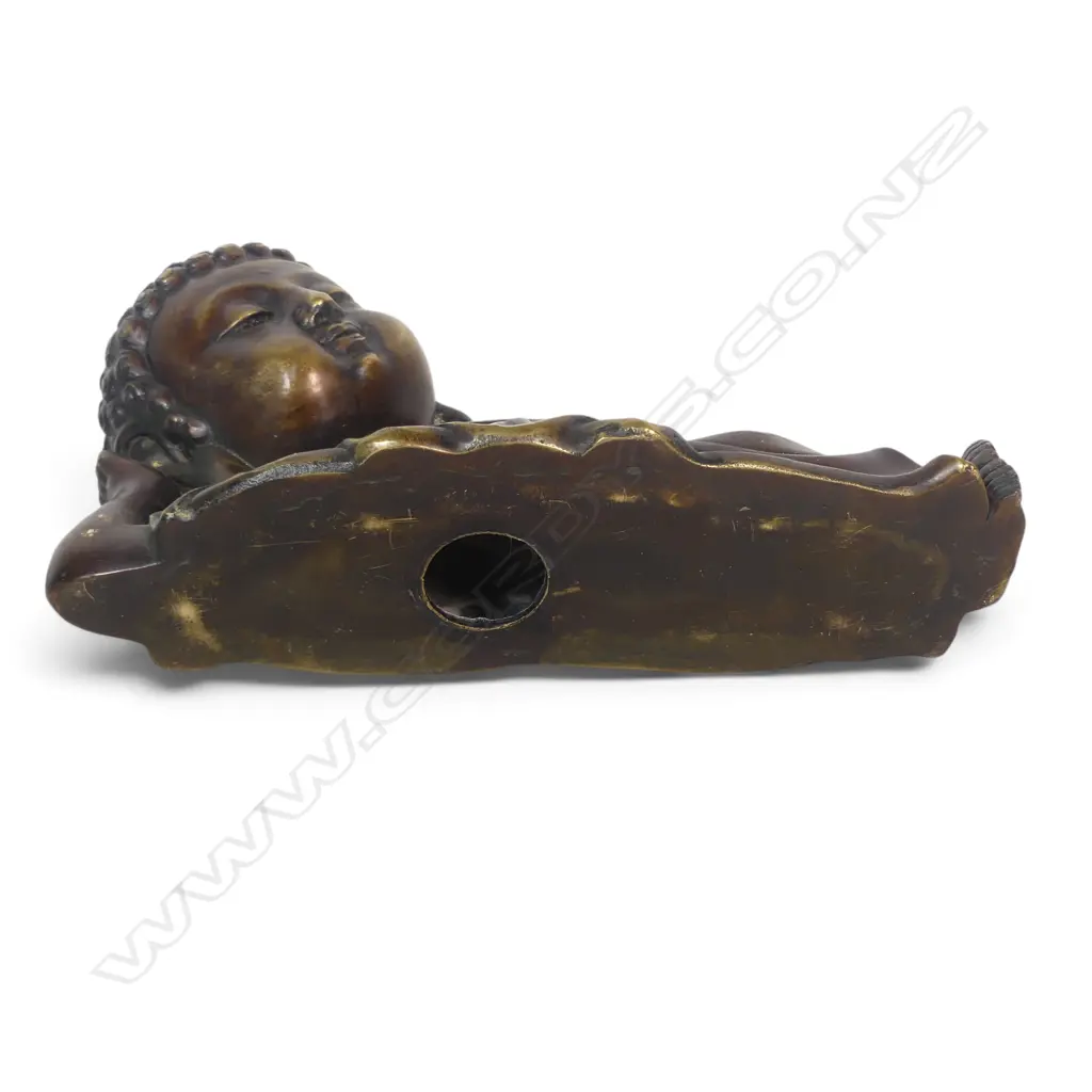 CAST BRONZED AND GOLD PATINA HIGHLIGHTS RESTING BABY BUDDHA IN THE JAPANESE CHIBI STYLE. L.230MM Image 1++