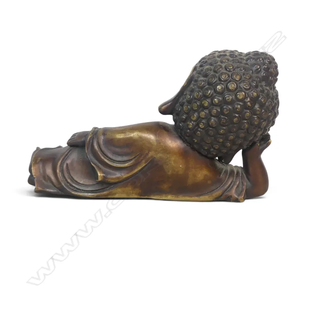 CAST BRONZED AND GOLD PATINA HIGHLIGHTS RESTING BABY BUDDHA IN THE JAPANESE CHIBI STYLE. L.230MM Image 1++