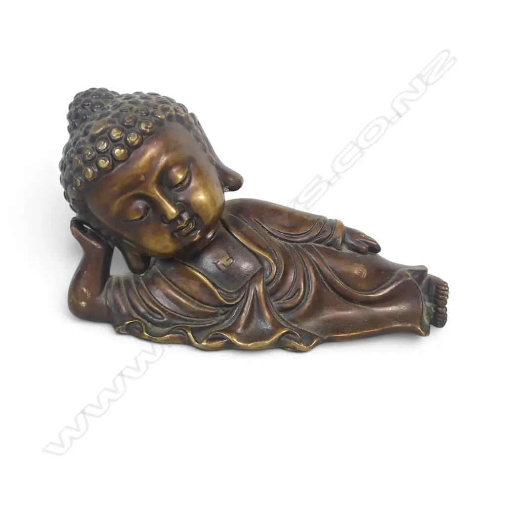 CAST BRONZED AND GOLD PATINA HIGHLIGHTS RESTING BABY BUDDHA IN THE JAPANESE CHIBI STYLE. L.230MM Image 1++