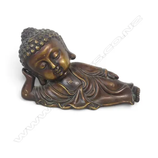 CAST BRONZED AND GOLD PATINA HIGHLIGHTS RESTING BABY BUDDHA IN THE JAPANESE CHIBI STYLE. L.230MM