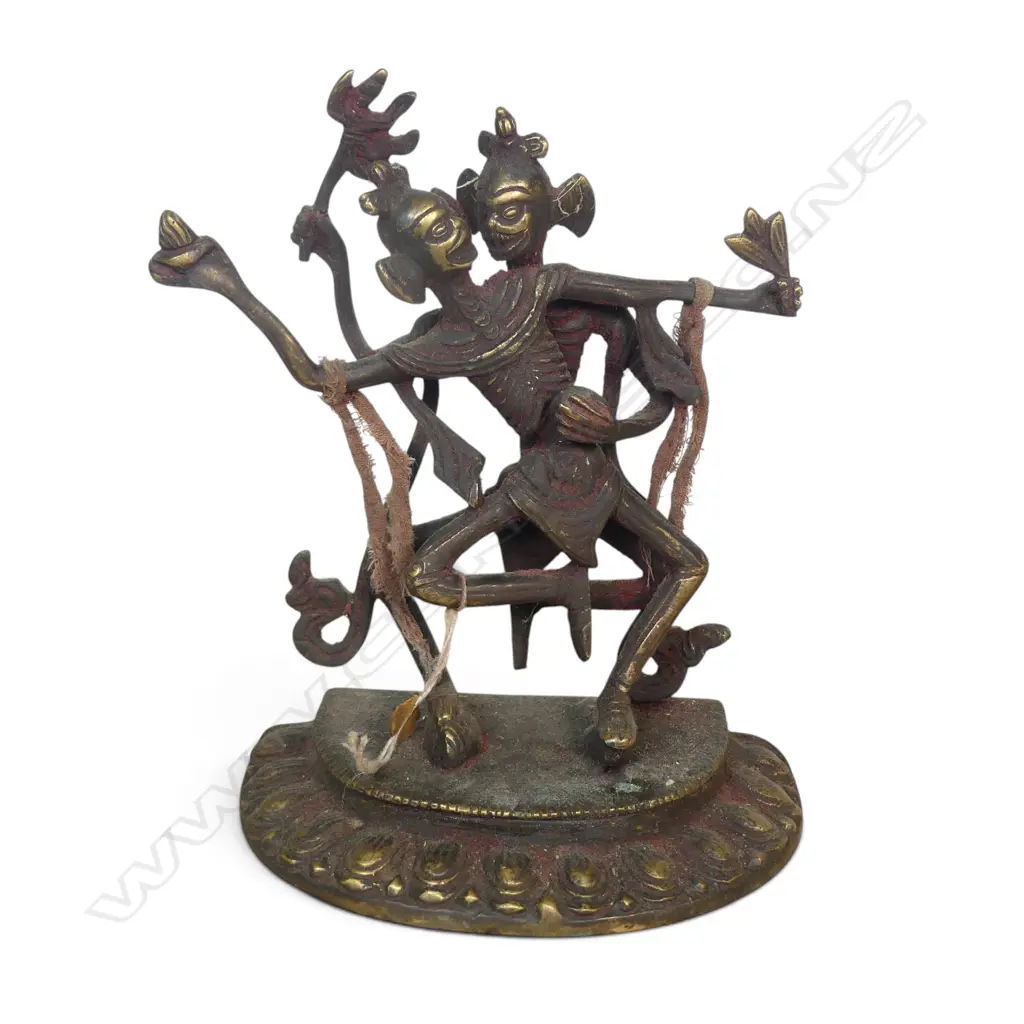 TIBETAN HAND CRAFTED BRONZED CITIPATI STATUE OF DANCING SKELETONS PROTECTOR DEITIES, REDDISH AGED PATINA, H.190 X 140 Image 1++