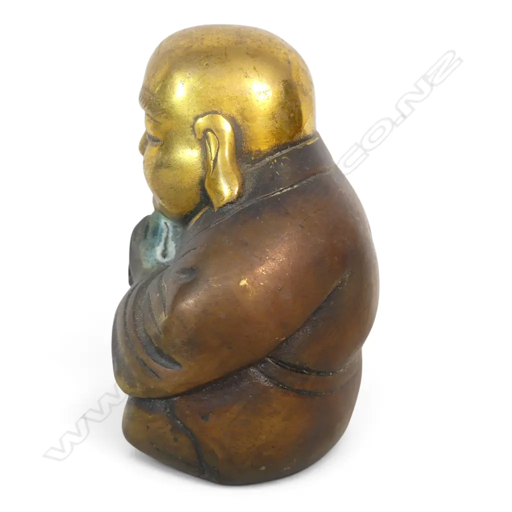 TWO TONE METAL HAPPY BUDDHA FIGURINE,SOME VERDIGRIS SHOWING. H.90MM Image 1++