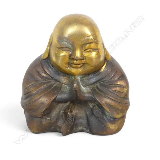 TWO TONE METAL HAPPY BUDDHA FIGURINE,SOME VERDIGRIS SHOWING. H.90MM