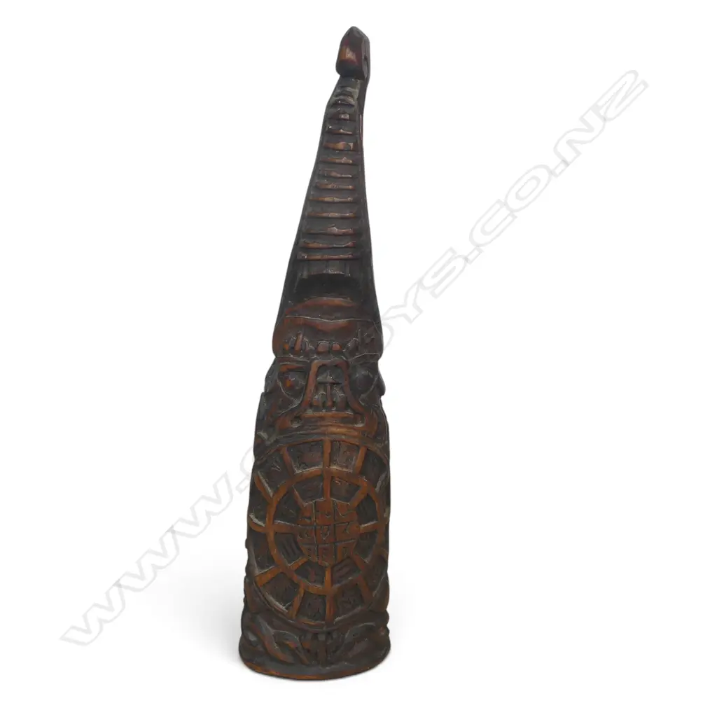 TIBETAN RITUAL MEDICINAL DISPENSER WOOD CARVED WITH PROTECTIVE DEITIES USED FOR PURIFICATION, PLUGGED UNDER, 230 X 55MM Image 1++