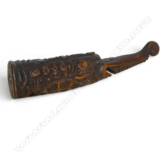 TIBETAN RITUAL MEDICINAL DISPENSER WOOD CARVED WITH PROTECTIVE DEITIES USED FOR PURIFICATION, PLUGGED UNDER, 230 X 55MM