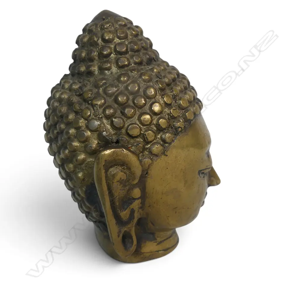 VINTAGE CAST BRASS BUDDHA HEAD WITH MEDITATIVE FACIAL EXPRESSION, 120 X 45MM Image 1++