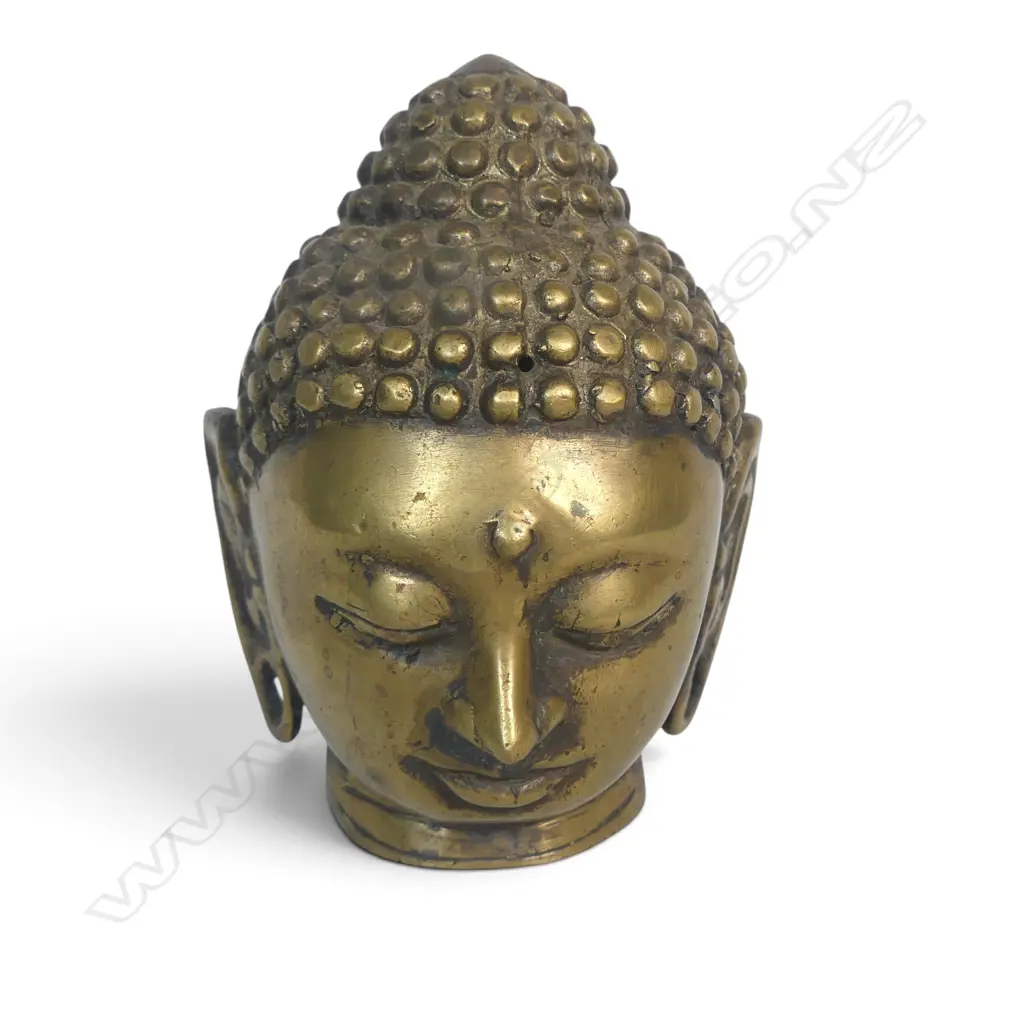 VINTAGE CAST BRASS BUDDHA HEAD WITH MEDITATIVE FACIAL EXPRESSION, 120 X 45MM Image 1++