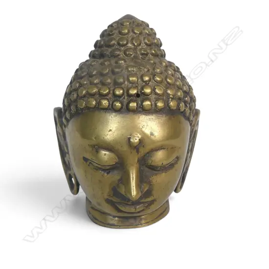 VINTAGE CAST BRASS BUDDHA HEAD WITH MEDITATIVE FACIAL EXPRESSION, 120 X 45MM
