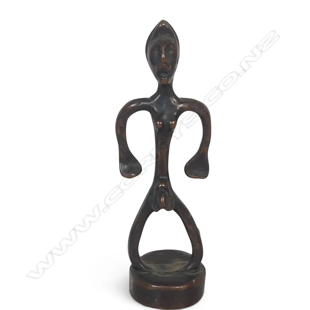 WEST AFRICAN CAST BRONZE PATINATED FIGURINE, PROVENANCE "GRANT KING WAITAKERE RANGE AUCKLAND". H.120MM Image 1++