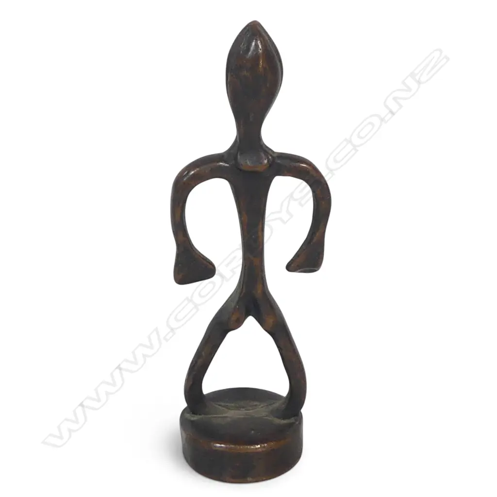 WEST AFRICAN CAST BRONZE PATINATED FIGURINE, PROVENANCE "GRANT KING WAITAKERE RANGE AUCKLAND". H.120MM Image 1++