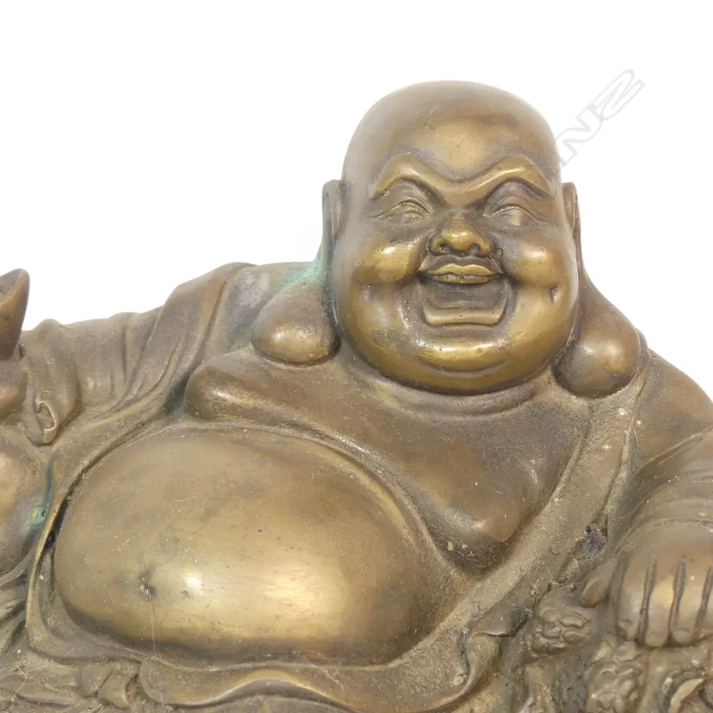 MONTED ON WOODEN BASE BRONZED HOTEI WITH SOME VERDIGRIS SHOWING AT THE BACK. H.160M L.240MM Image 1++