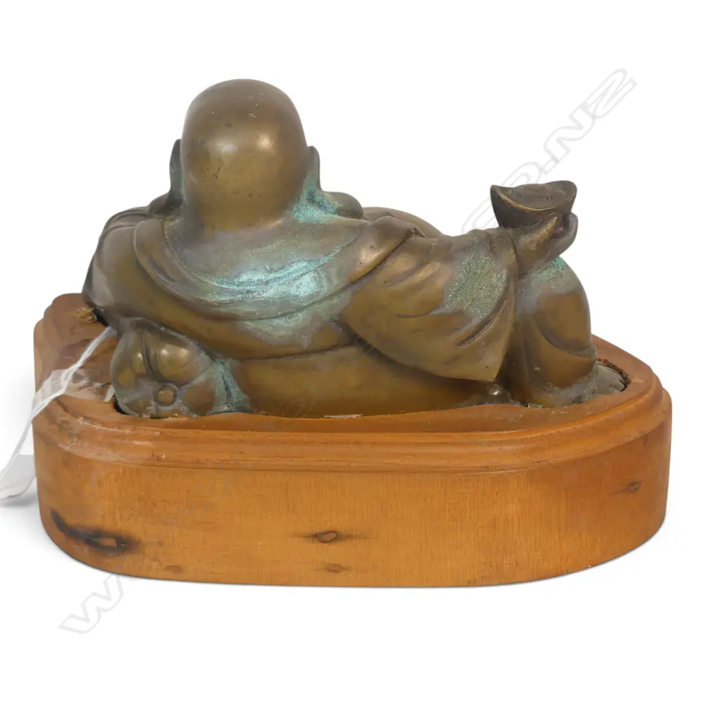 MONTED ON WOODEN BASE BRONZED HOTEI WITH SOME VERDIGRIS SHOWING AT THE BACK. H.160M L.240MM Image 1++