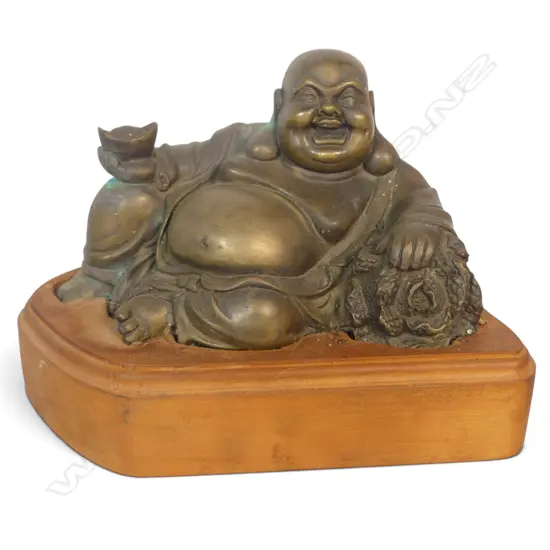 MONTED ON WOODEN BASE BRONZED HOTEI WITH SOME VERDIGRIS SHOWING AT THE BACK. H.160M L.240MM