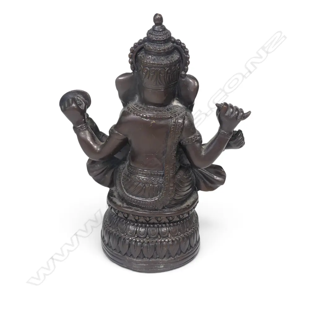 DARK METAL BRONZED FIGURINE OF SEATING GANESHA ON A LOTUS FLOWER PEDESTAL. H.170MM Image 1++