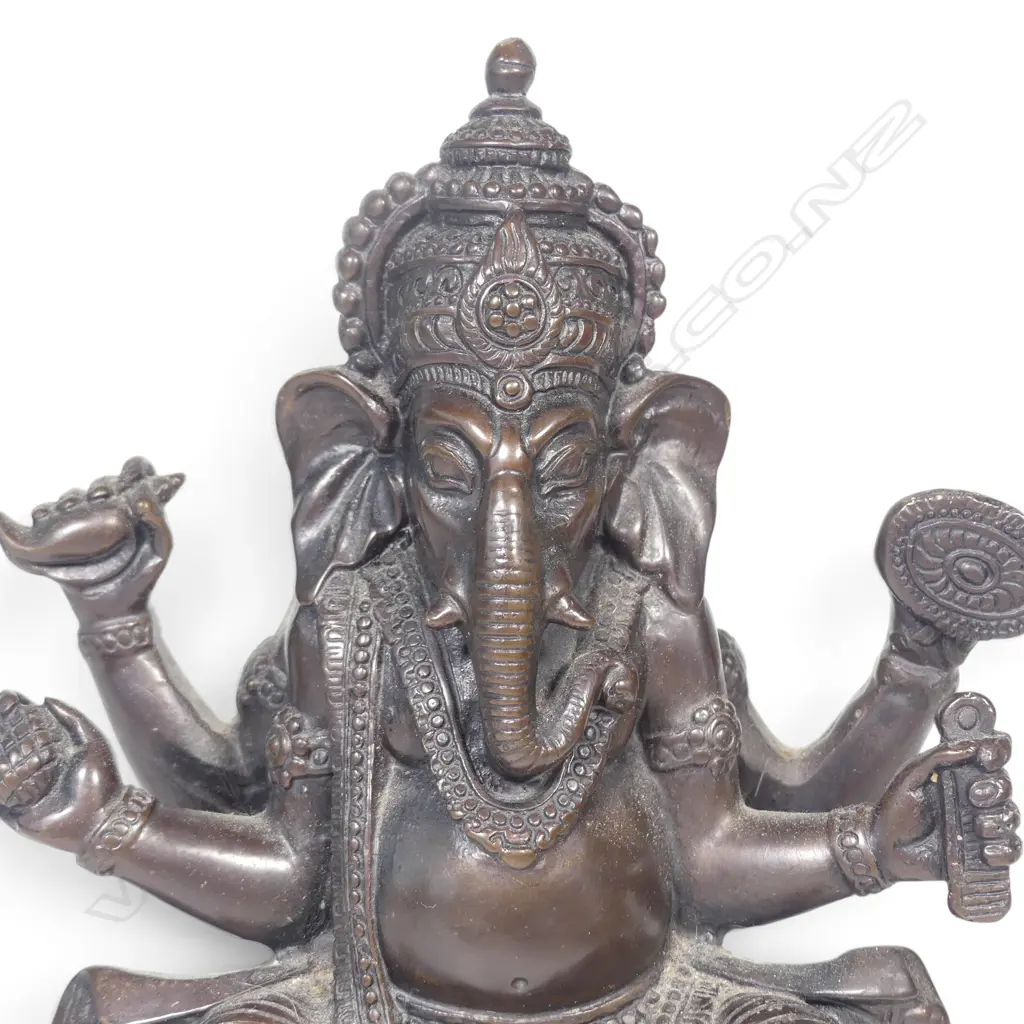 DARK METAL BRONZED FIGURINE OF SEATING GANESHA ON A LOTUS FLOWER PEDESTAL. H.170MM Image 1++