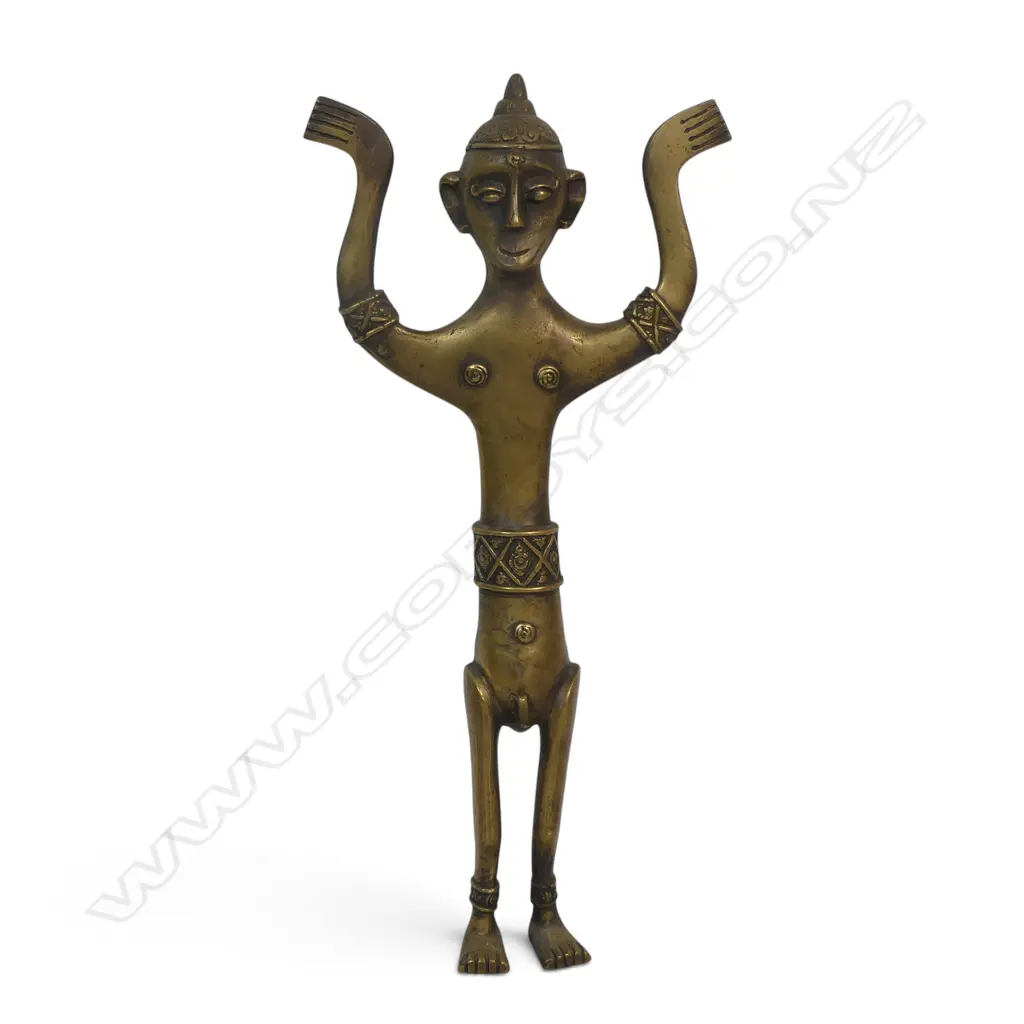 INDIAN TRIBAL DHOKRA  BRASS METAL SCULPTURE WITH RAISED ARMS, TYPICAL CRISS-CROSS GEOMETRIC WORK. H.333MM Image 1++