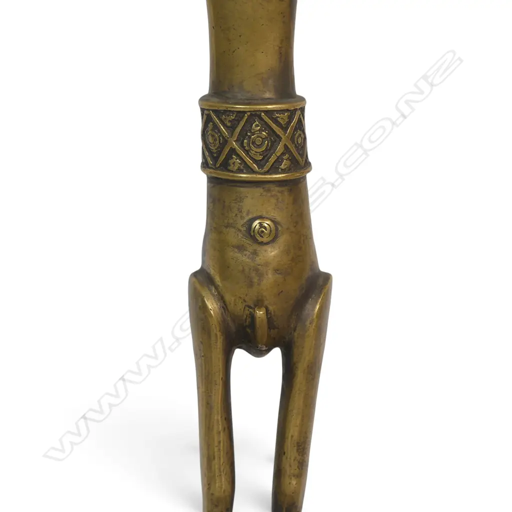 INDIAN TRIBAL DHOKRA  BRASS METAL SCULPTURE WITH RAISED ARMS, TYPICAL CRISS-CROSS GEOMETRIC WORK. H.333MM Image 1++