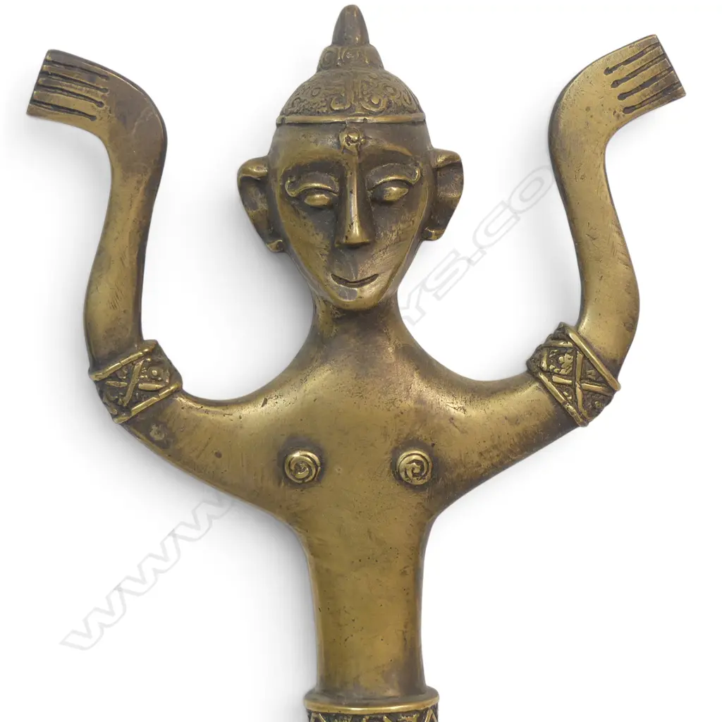 INDIAN TRIBAL DHOKRA  BRASS METAL SCULPTURE WITH RAISED ARMS, TYPICAL CRISS-CROSS GEOMETRIC WORK. H.333MM Image 1++