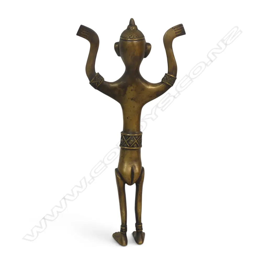 INDIAN TRIBAL DHOKRA  BRASS METAL SCULPTURE WITH RAISED ARMS, TYPICAL CRISS-CROSS GEOMETRIC WORK. H.333MM Image 1++