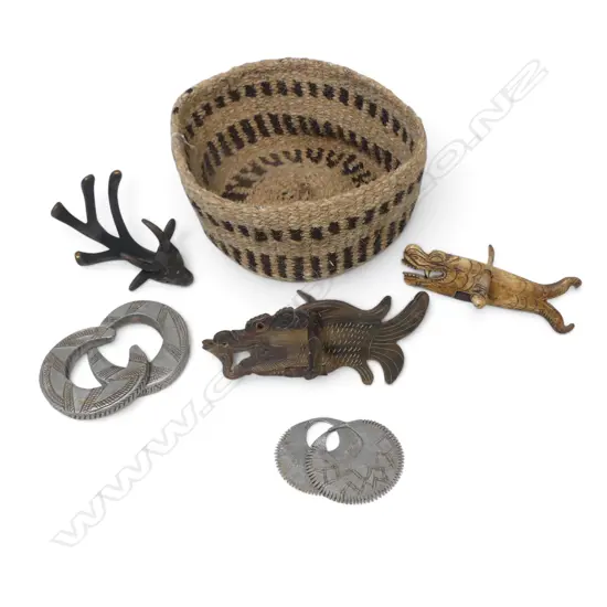 BASKET OF ASSORTED ETHNIC ITEMS, FISH BONE HOOK METAL RINGS & BRACELETS ETC...LGST 170MM