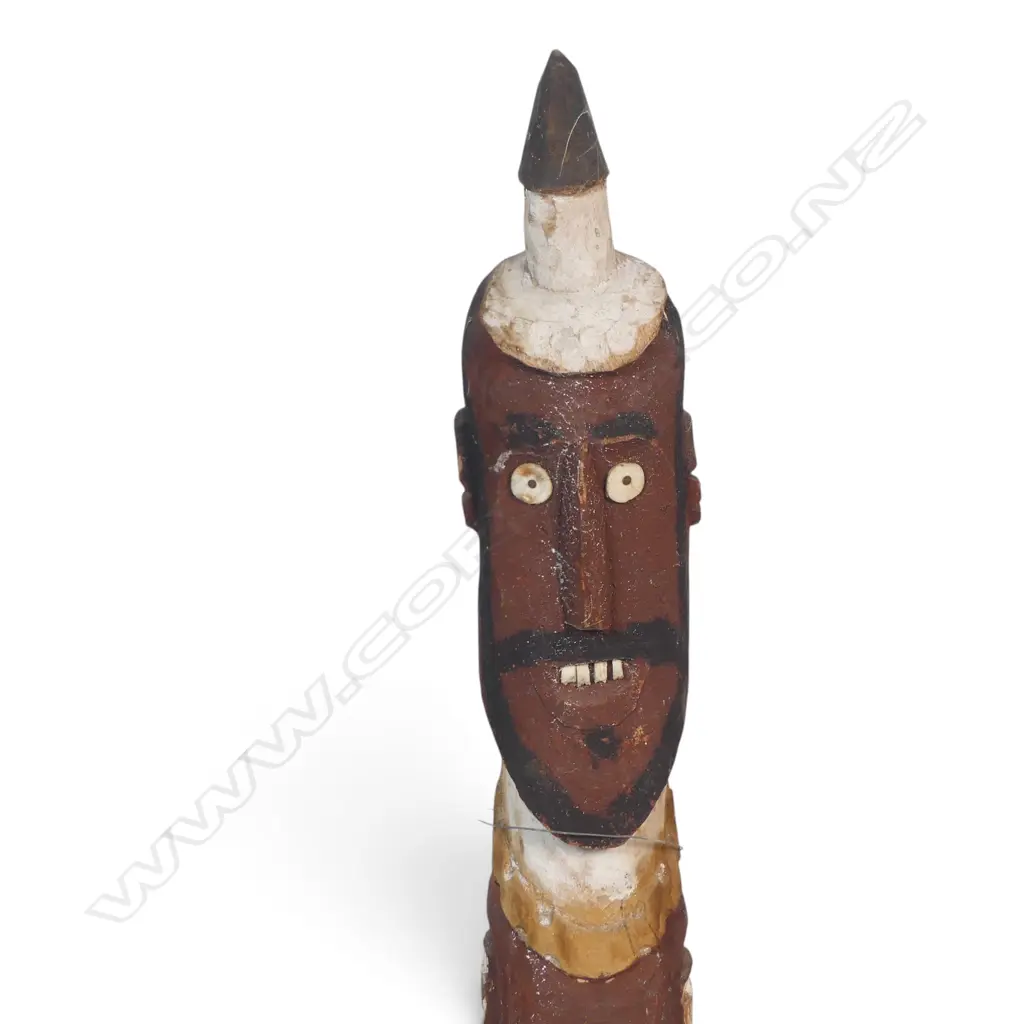 HAND CARVED POLYCHROME WOODEN MALE ANCESTOR FIGURE WITH INLAID DETAILS. H.730MM DIA 9MM. Image 1++