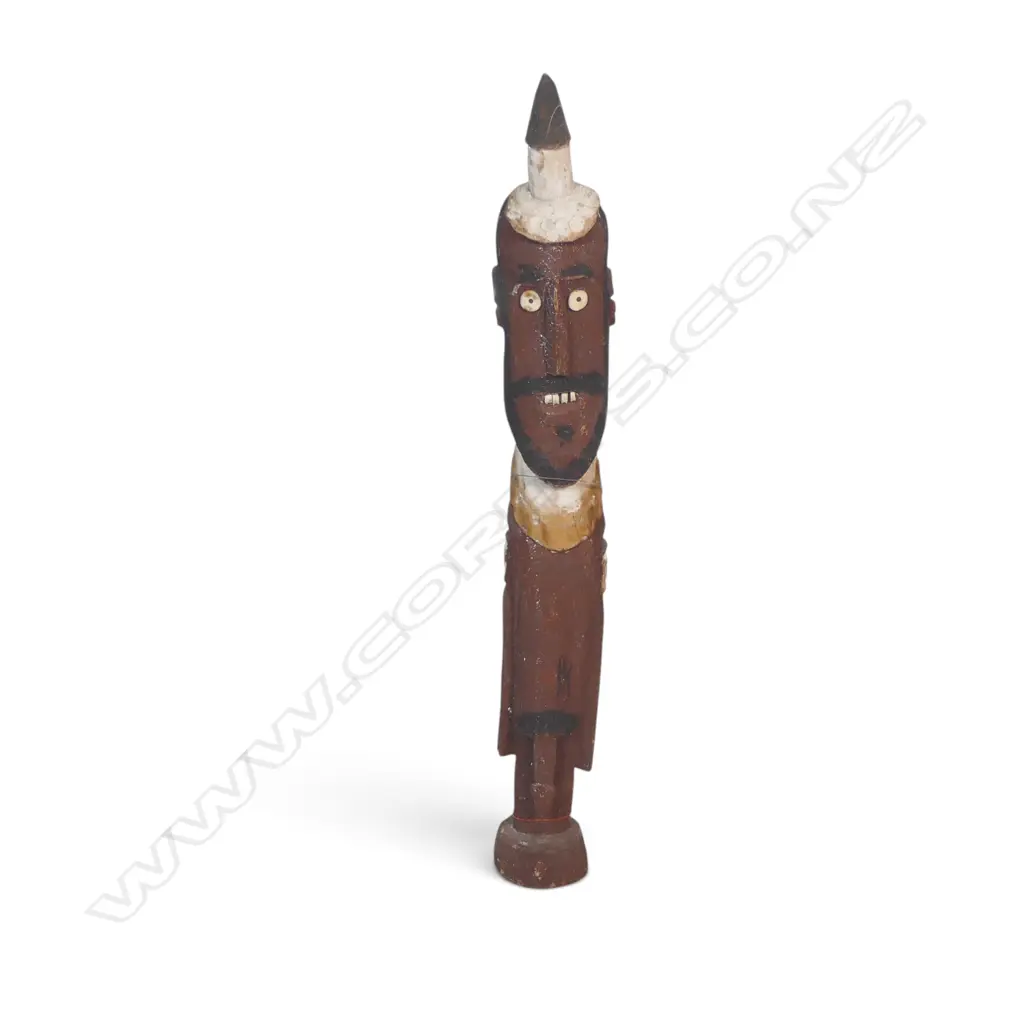 HAND CARVED POLYCHROME WOODEN MALE ANCESTOR FIGURE WITH INLAID DETAILS. H.730MM DIA 9MM. Image 1++