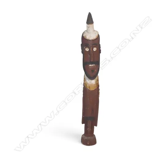 HAND CARVED POLYCHROME WOODEN MALE ANCESTOR FIGURE WITH INLAID DETAILS. H.730MM DIA 9MM.