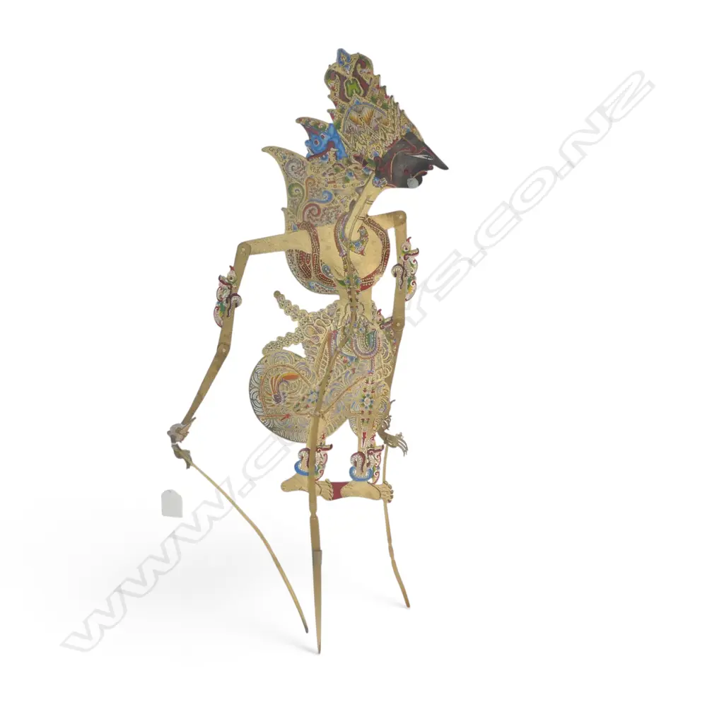 INDONESIAN WAYANG KULIT TRADITIONAL SHADOW PUPPET OF KRISHNA, HORN RODS & WATER BUFFALO HIDE,H.700MM Image 1++