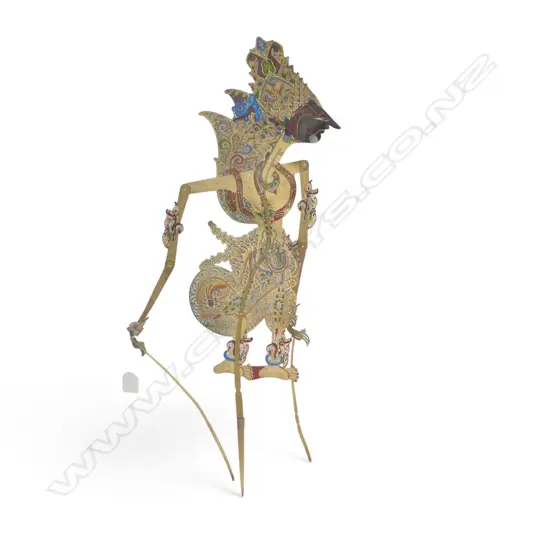 INDONESIAN WAYANG KULIT TRADITIONAL SHADOW PUPPET OF KRISHNA, HORN RODS & WATER BUFFALO HIDE,H.700MM