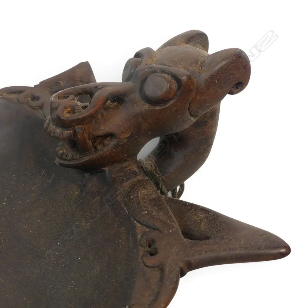 2 X WOODEN HAND CARVED CEREMONIAL BOWLS (DAYAK PEOPLE /BORNEO) w ASO DRAGON-DOG MYTHICAL GUARDIAN FIGURES, 450 X 270MM Image 1++