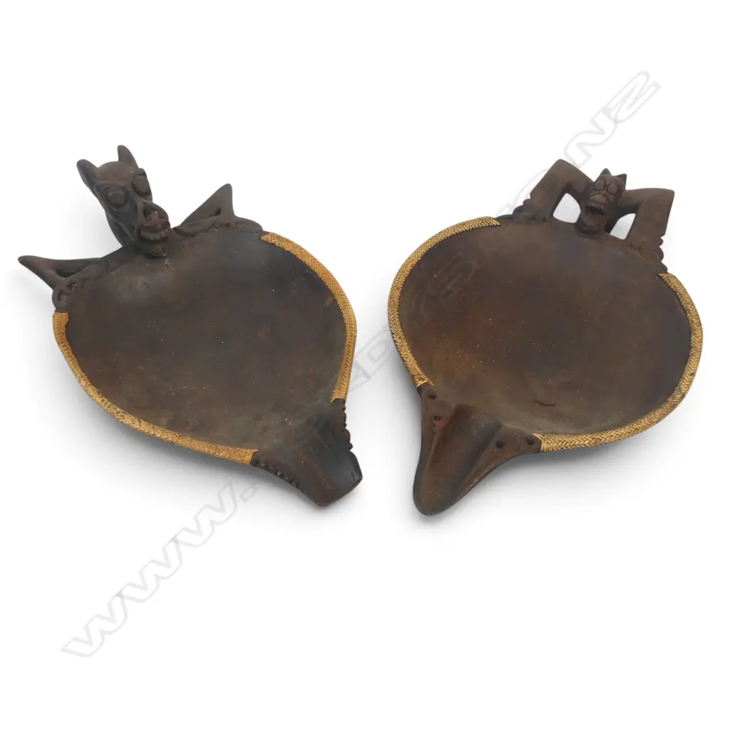 2 X WOODEN HAND CARVED CEREMONIAL BOWLS (DAYAK PEOPLE /BORNEO) w ASO DRAGON-DOG MYTHICAL GUARDIAN FIGURES, 450 X 270MM Image 1++