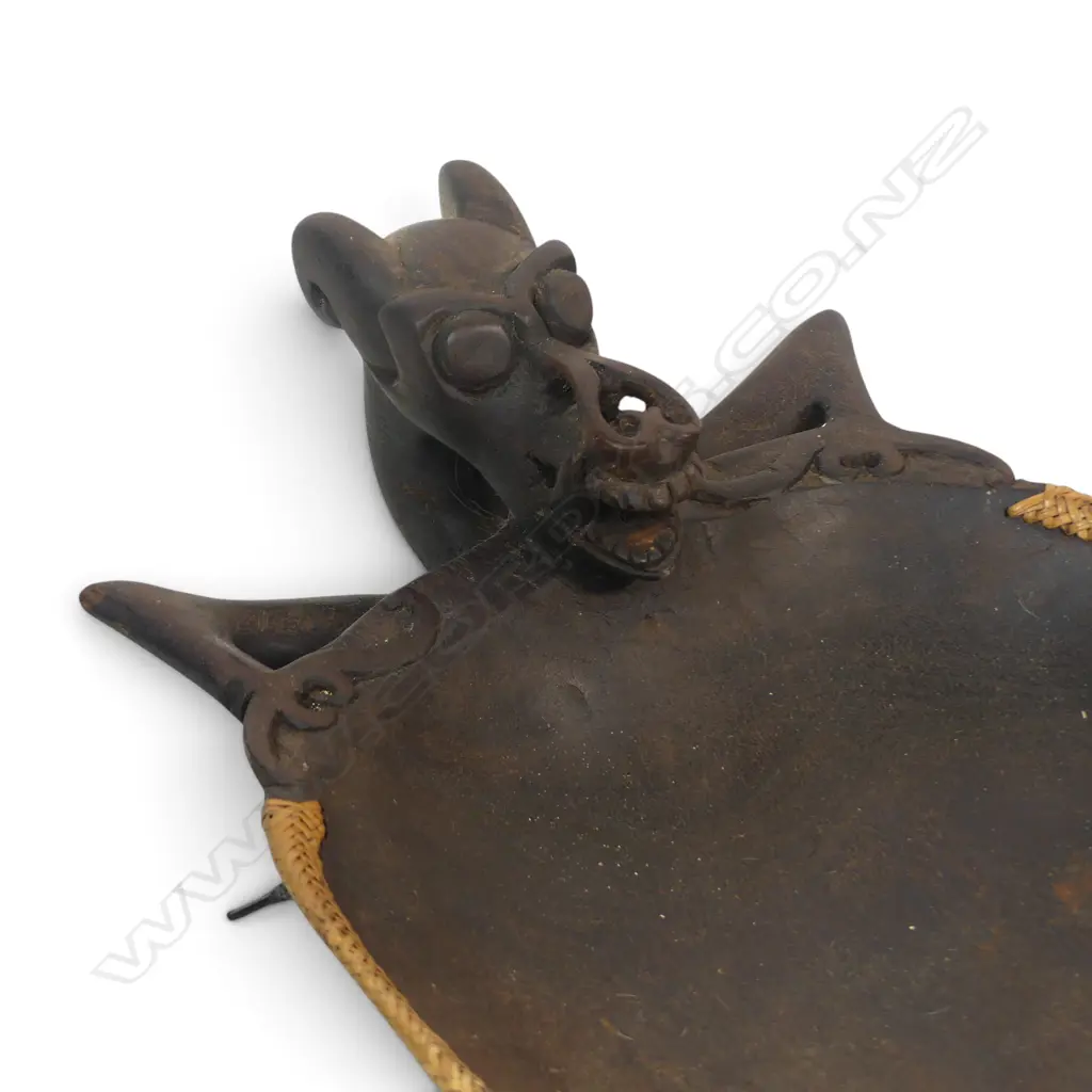 2 X WOODEN HAND CARVED CEREMONIAL BOWLS (DAYAK PEOPLE /BORNEO) w ASO DRAGON-DOG MYTHICAL GUARDIAN FIGURES, 450 X 270MM Image 1++