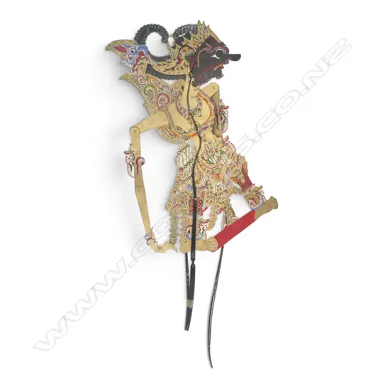 INDONESIAN WAYANG KULIT TRADITIONAL SHADOW PUPPET OF RADEN DEMI GOD WARRIOR, HORN RODS & WATER BUFFALO HIDE,H.700MM