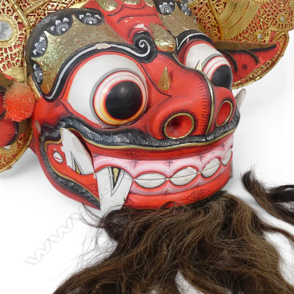 INDONESIAN HAND CARVED TRADITIONAL RED & GOLD BARONG MASK (BENEVOLENT SPIRIT) SOME LOST TO PAINT & HAIRS.H.300 L.580MM Image 1++