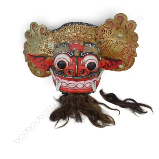 INDONESIAN HAND CARVED TRADITIONAL RED & GOLD BARONG MASK (BENEVOLENT SPIRIT) SOME LOST TO PAINT & HAIRS.H.300 L.580MM