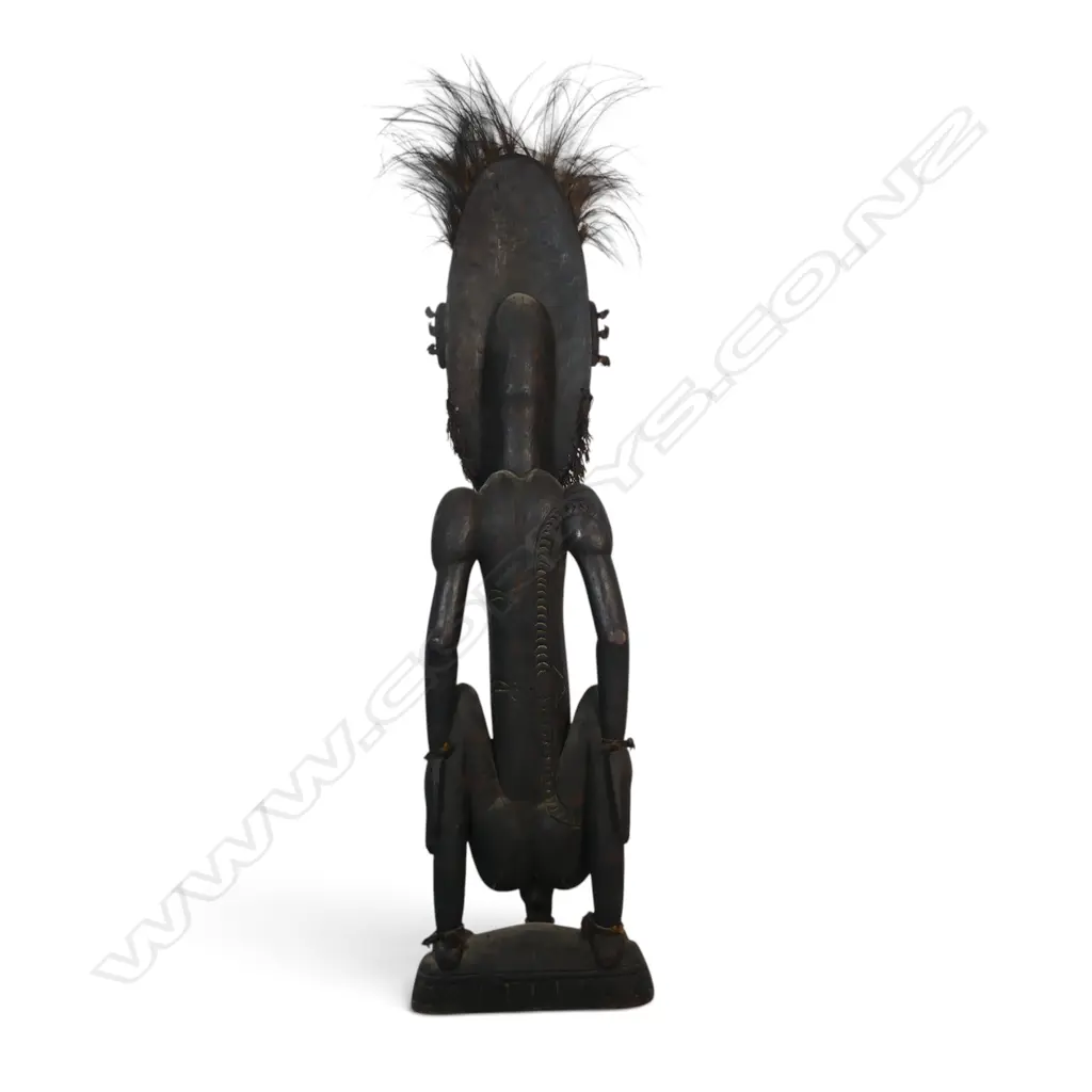 TRADITIONAL PNG HAND-CARVED WOODEN ANCESTOR WITH BONE /HORN INSETS & BIRD FEATHERS, MIDDLE SEPIK RIVER,1100 X 240MM Image 1++
