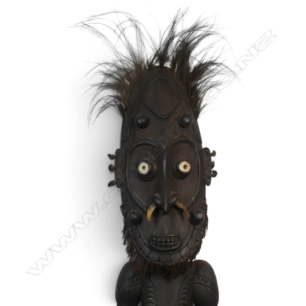TRADITIONAL PNG HAND-CARVED WOODEN ANCESTOR WITH BONE /HORN INSETS & BIRD FEATHERS, MIDDLE SEPIK RIVER,1100 X 240MM Image 1++