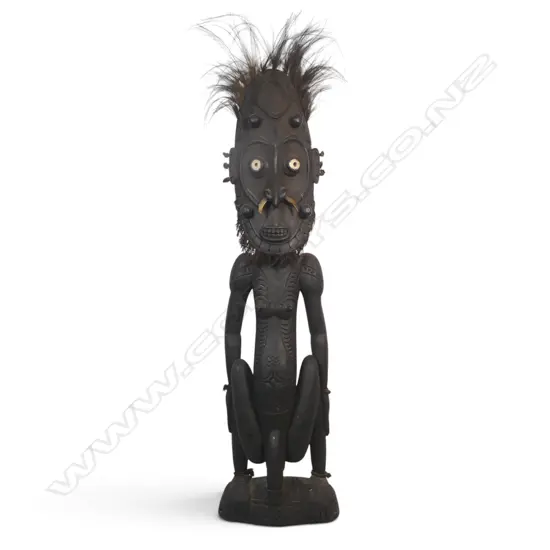 TRADITIONAL PNG HAND-CARVED WOODEN ANCESTOR WITH BONE /HORN INSETS & BIRD FEATHERS, MIDDLE SEPIK RIVER,1100 X 240MM