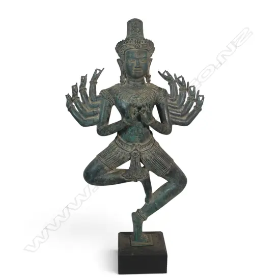 KHMER STYLE  MONTED CAST BRONZE MULTI-ARMED DANCING SHIVA WITH AGED GREEN PATINA FINISH, 740 X 400MM