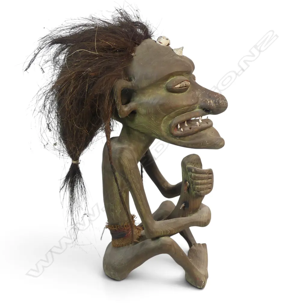STYLIZED HAND CARVED WOODEN TRIBAL SCULPTURE OF A SEATED ANCESTOR, SHELLS INLAYS AND FIBRES, 600 X 300MM Image 1++