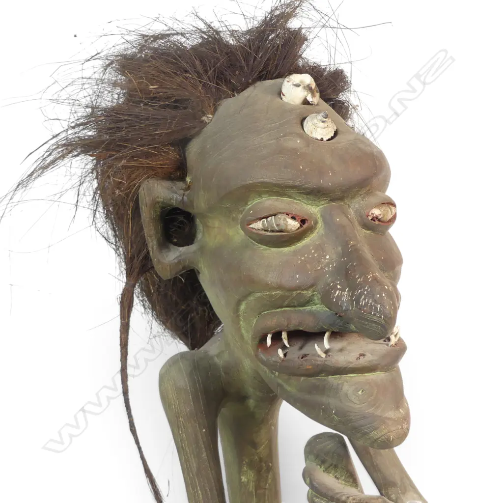 STYLIZED HAND CARVED WOODEN TRIBAL SCULPTURE OF A SEATED ANCESTOR, SHELLS INLAYS AND FIBRES, 600 X 300MM Image 1++